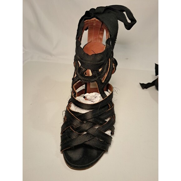 LANVIN Size 37.5 EU/7 US  Black Satin Strappy 3.75" Stiletto Sandals Ribbon Bow - Picture 4 of 12
